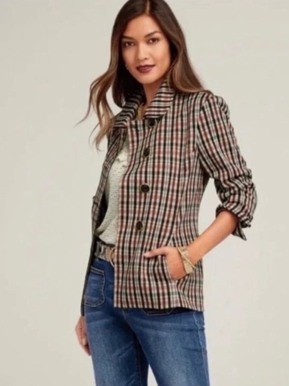 NWOT Small CAbi Jazzy Jacket Blazer - Toffee Plaid